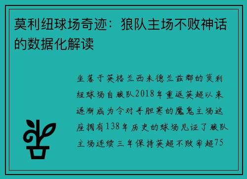 莫利纽球场奇迹：狼队主场不败神话的数据化解读